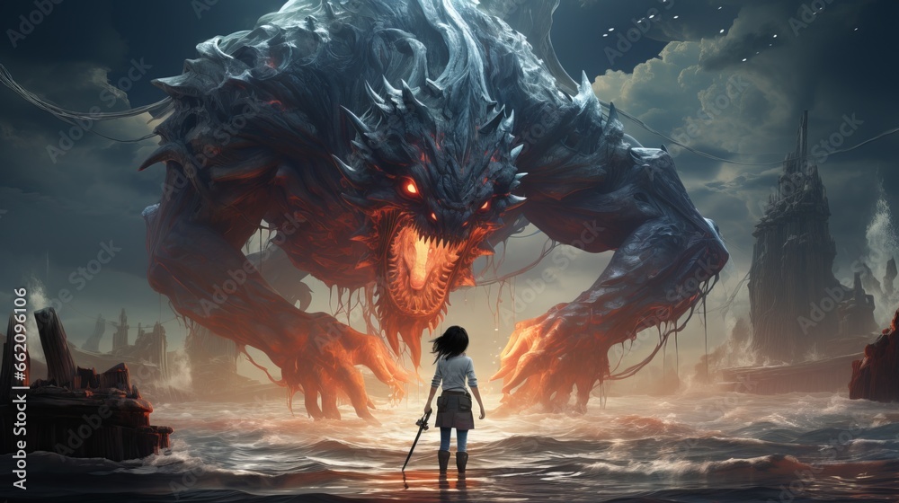 Girl facing a giant creature roaring, epic fantasy wallpaper ...