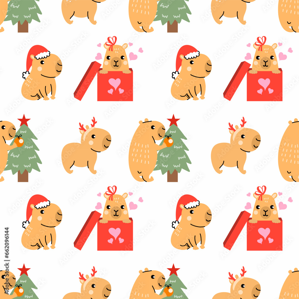 Seamless pattern for printing on fabric and packaging paper. Cute capybara celebrates New Year and Christmas. Seamless pattern for printing on fabric and packaging paper. Cute capybara celebrates New Year and Christmas.