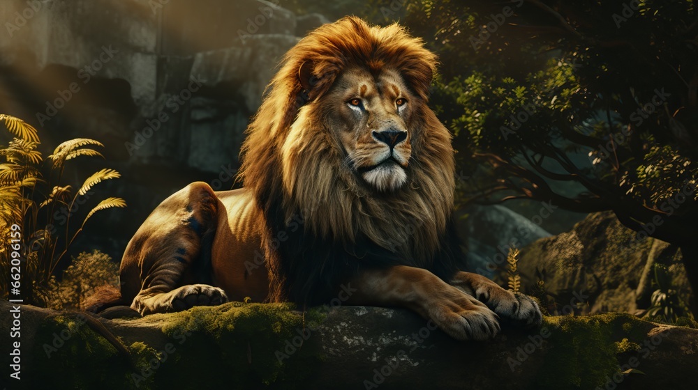 Naklejka premium Portrait of a wild lion king in the jungle. Generative ai