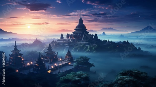 Epic temple illustration, fantasy landscape art. Generative ai
