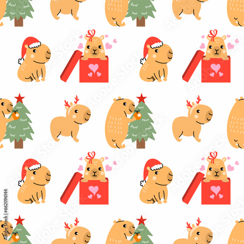 Seamless pattern for printing on fabric and packaging paper. Cute capybara celebrates New Year and Christmas.