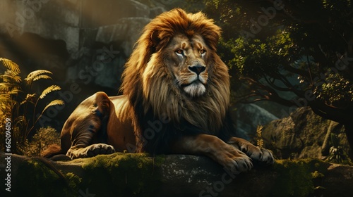 Portrait of a wild lion king in the jungle. Generative ai