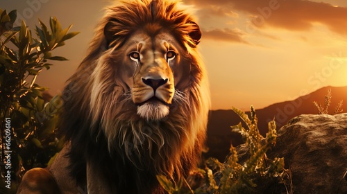 Portrait of a wild lion king in the jungle. Generative ai