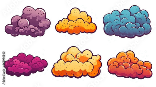 Abstract clouds shapes sticker pack element. Groovy funky flower, bubble, star, loop, waves in trendy retro 90s 80s cartoon style. Vector illustration with colorful cloud spiral elements.