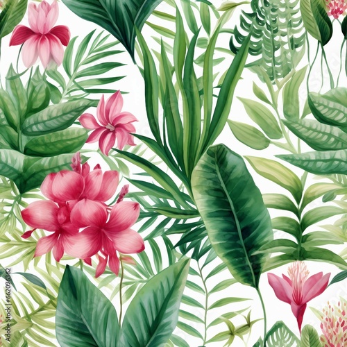 Watercolor floral seamless pattern with home tropical plants. Floral background. generative ai