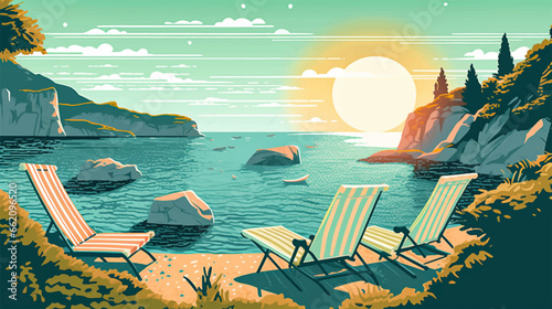 Sunset Summer Vacation Loungers On Sea Beach Landscape Beautiful Seascape Banner Seaside Holiday. Vector Illustration