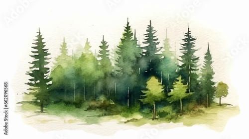 Beautiful abstract pine tree in forest landscape watercolor brush with isolated white background, Vector illustration for wedding invitation, RSVP, wallpaper, banner, poster, etc. © Pixode