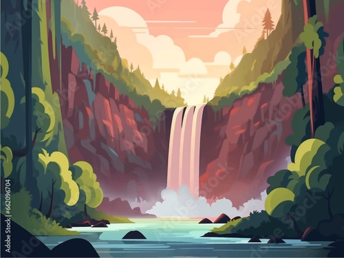 Beautiful abstract waterfall cartoon, anime background. Waterfall in green jungle rainforest vector illustration. Cartoon tropical panoramic landscape with river water falling down from mountain rocks