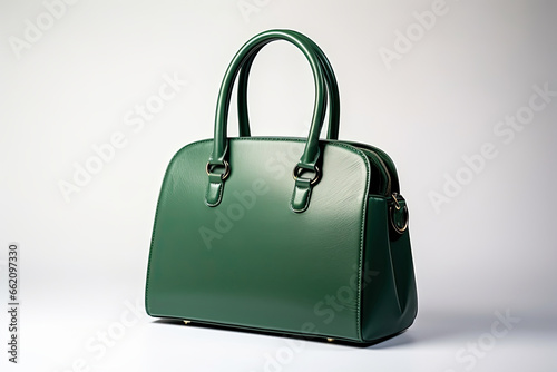 Women leather green handbag on white background.