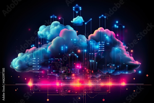 Neon geometric shape on cloud background  futuristic technolog