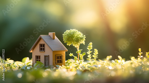 Small model home on green grass with sunlight, home and life concept, eco house