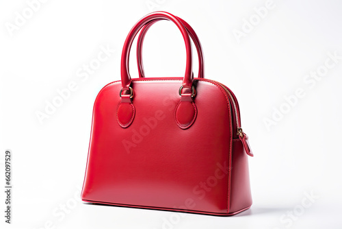 Women leather red handbag on white background.