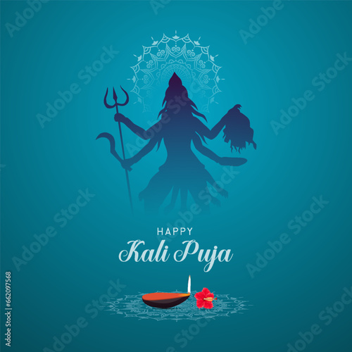 Indian festival. Happy Kali Chaudas, Goddess Kali Maa. on Diwali. Kali Pooja. background. Happy Kali puja. wishes banner Happy Kali Puja Text of India festival poster, story. banner.post.kali. puja.