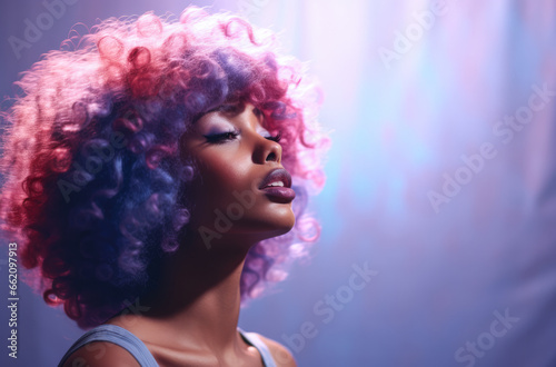 Portrait of a young African American woman with a wig