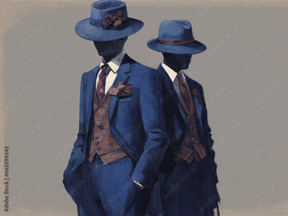 Two men wearing blue suits and fedora hats looked mysterious Stock ...