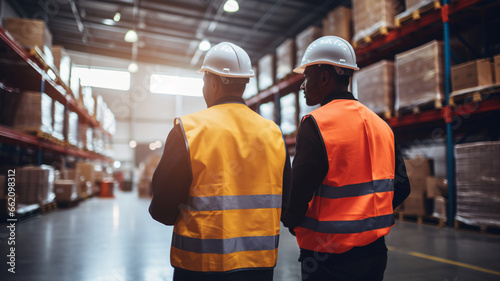 Warehouse workers working together in a large warehouse. 