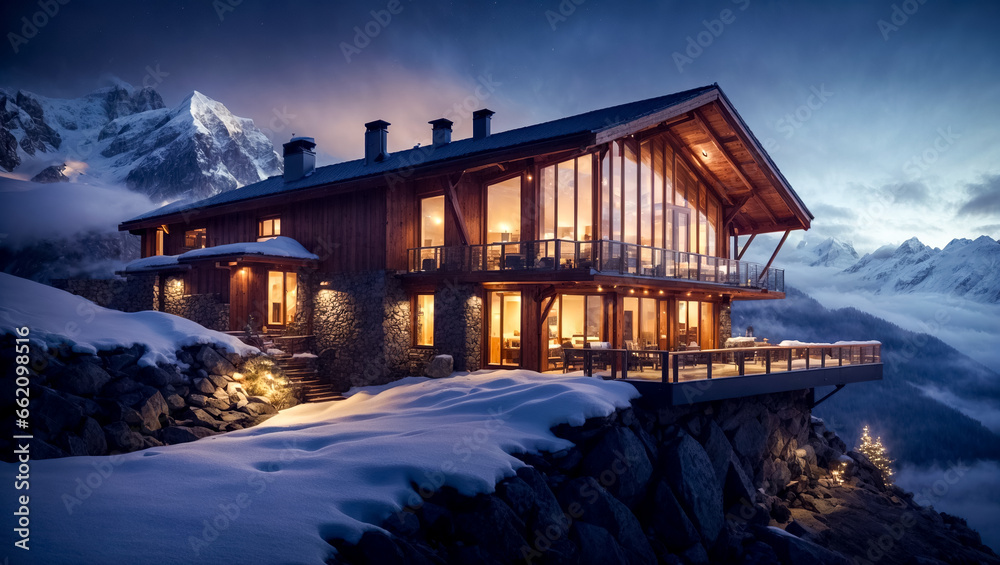 Picturesque Mountain Hut with Panoramic Windows on the Mountainside. Ai generated.