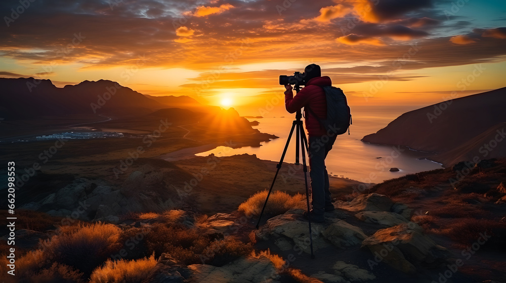 Silhouette of a photography tripod camera who shooting a sunset on the rock, Silhouette photography sunshine