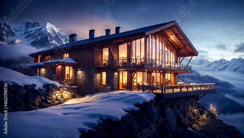 Picturesque Mountain Hut with Panoramic Windows on the Mountainside. Ai generated. © snesivan