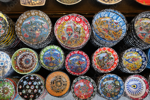top view of Turkish traditional design ceramic plates in Old Bazaar in Istanbul