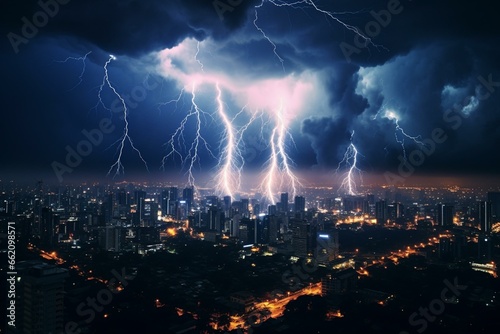 Intense electrical storms occurring above a thriving urban area. Generative AI