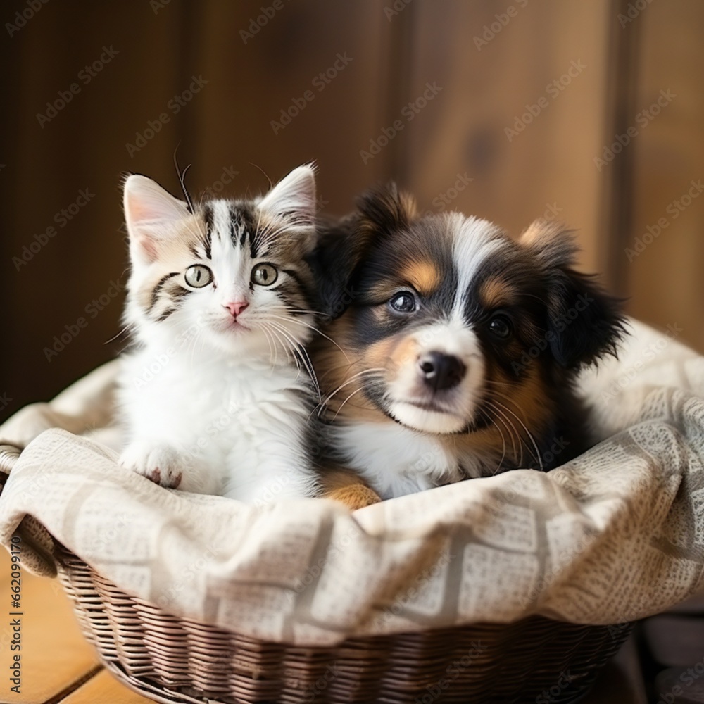 Cute puppy and baby kitten inside basket at summer park.