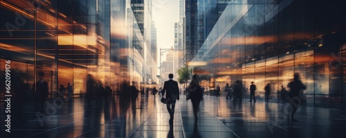 Blurred people walking in business district, Generative AI © kanesuan