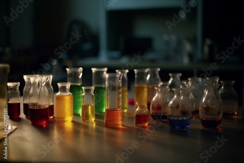 Beakers of chemistry on a table. Generative AI © Fallon