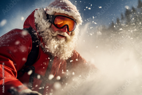 Santa Claus celebrates the holidays skiing in powder snow, spreading festive cheer in a snowy winter wonderland.