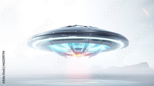 futuristic ufo flying, white background, Generative AI