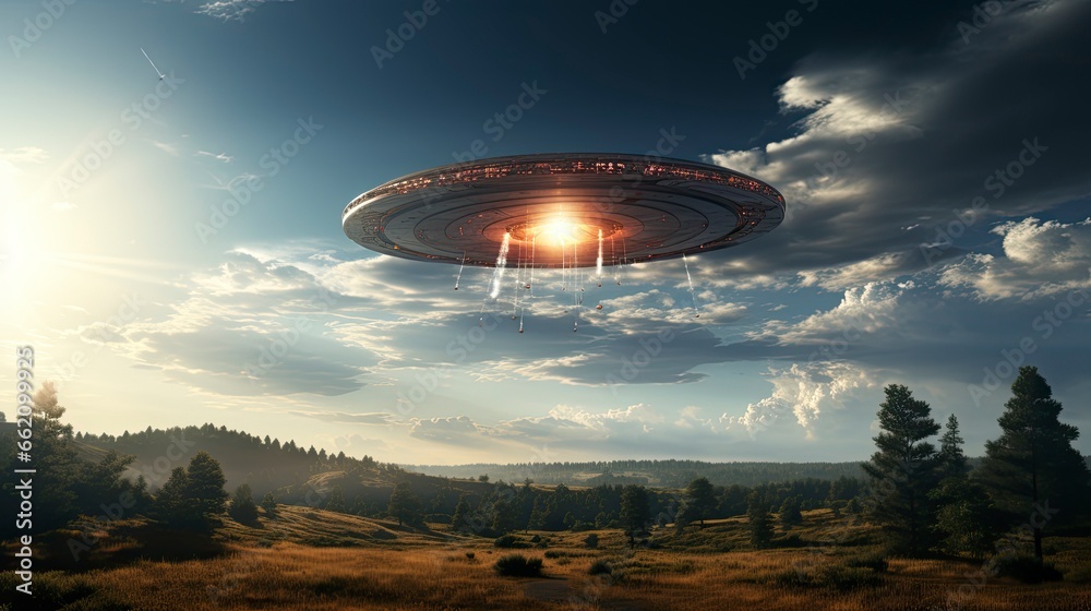 ufo flying close up, copy space, city background in morning day time, Generative AI ufo flying close up, copy space, city background in morning day time, Generative AI