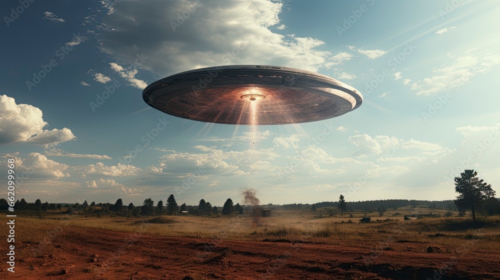 ufo flying close up, copy space, city background in morning day time, Generative AI ufo flying close up, copy space, city background in morning day time, Generative AI