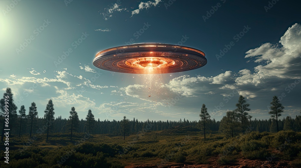 ufo flying close up, copy space, city background in morning day time, Generative AI ufo flying close up, copy space, city background in morning day time, Generative AI