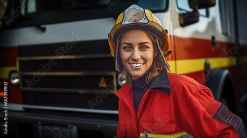 Smiling and confident fire fighter in work gear with a dark background