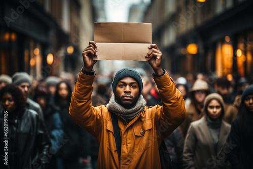 Man standing with demonstration poster in front of the people crowd. Black lives matters (BLM), human right, refugees concept. Blank brown cardboard poster with copy space. Generative AI photo