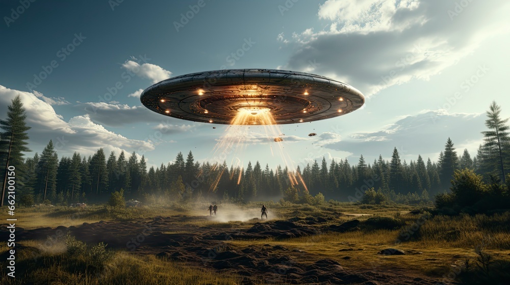 ufo flying close up, copy space, city background in morning day time, Generative AI ufo flying close up, copy space, city background in morning day time, Generative AI
