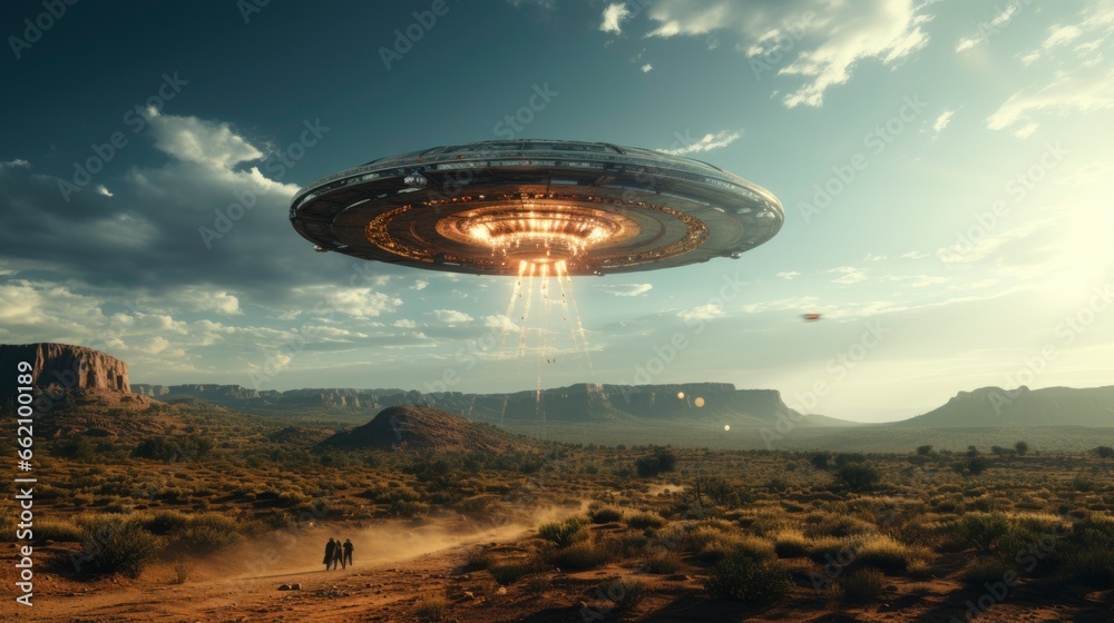 ufo flying close up, copy space, city background in morning day time, Generative AI ufo flying close up, copy space, city background in morning day time, Generative AI
