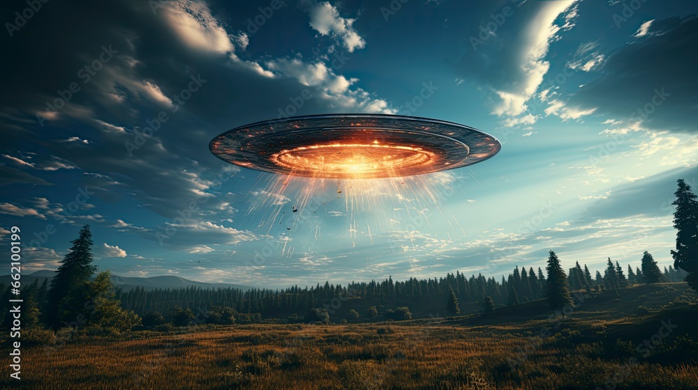 ufo flying close up, copy space, city background in morning day time, Generative AI ufo flying close up, copy space, city background in morning day time, Generative AI