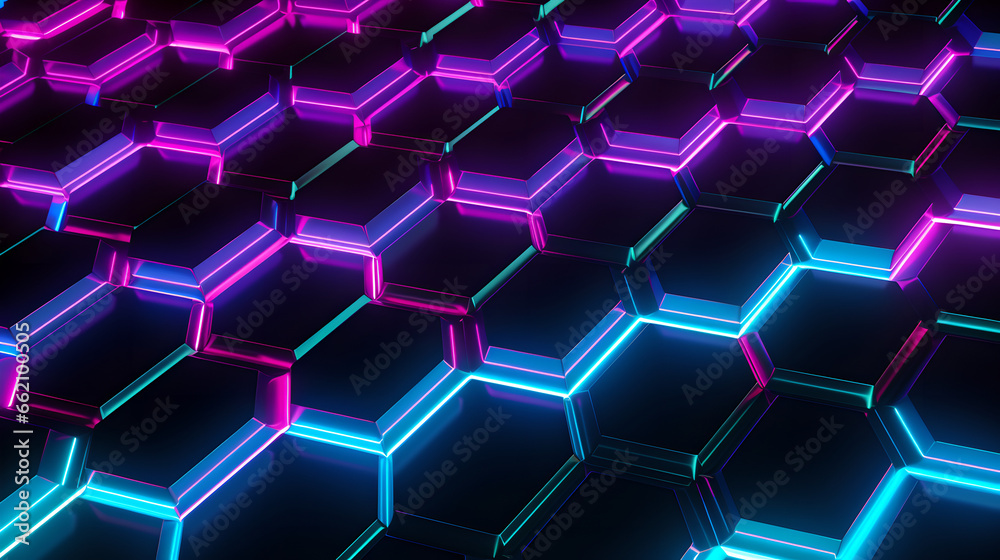 Regular purple, blue neon hexagon neon background, 3d pattern, Generative AI Regular purple, blue neon hexagon neon background, 3d pattern, Generative AI