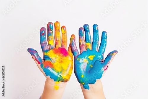 Little girl and boy, child hands painted in colorful paints, education concept with copy space, close up on white background