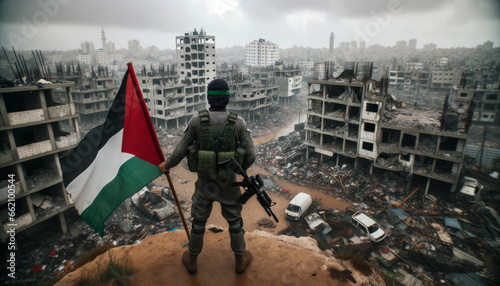Photographie An Palestinian soldier is holding an Palestinian flag in his hand and looking at the ruined city
