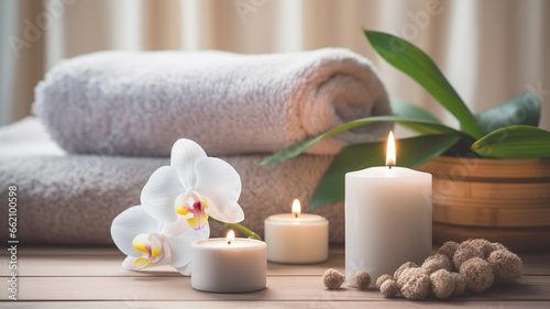 Beautiful spa treatment composition such as Towels, candles, essential oils