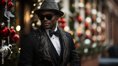 Black man - stylish suit - tuxedo - fashion - Christmas ornament background 