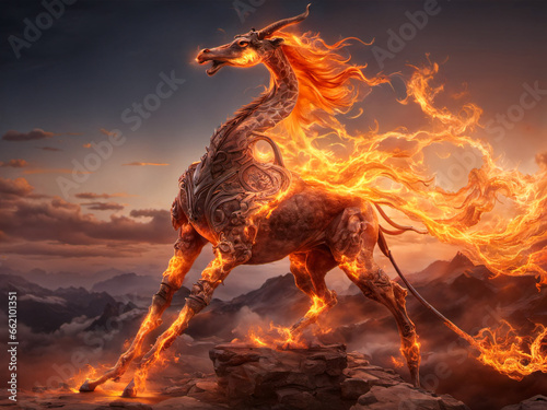 A giraffe mixed with a phoenix, fire emanating all over its body, stood on the peak of a towering mountain