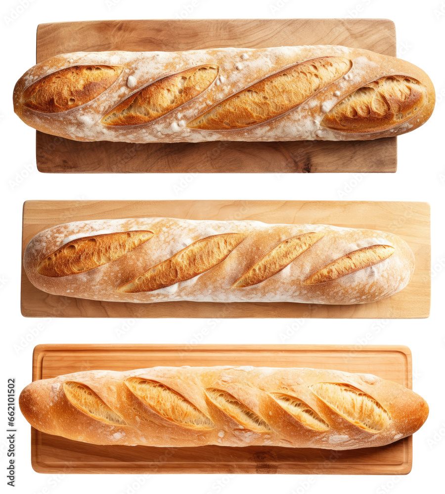 Three baguettes on cutting boards isolated on transparent background, top view - obrazy, fototapety, plakaty 