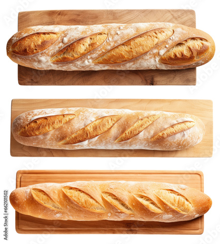 Three baguettes on cutting boards isolated on transparent background, top view