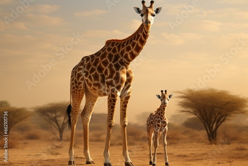 A young giraffe beside a mature giraffe. Generative AI