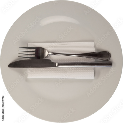 Digital png illustration of white plate with fork and knife on transparent background