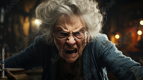 Portrait of angry gray hair senior woman background.