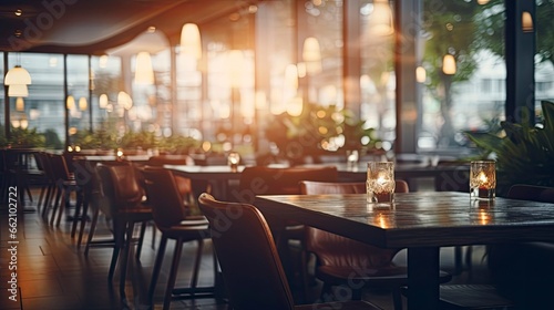 beautiful blurred background of a light resturant interior with beautiful lighting, blurred picture, copy space, Generative AI © kanesuan